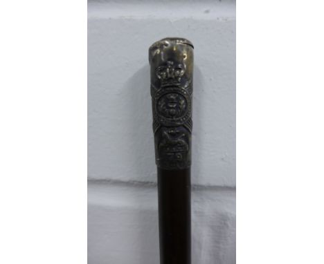 Highlander 79 B.R. Regiment Birmingham silver topped swagger stick, 74cm long