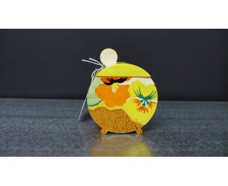 Clarice Cliff Nasturtium pattern Bon Jour pot and cover with honey glaze and Bizarre printed backstamps, 11cm high