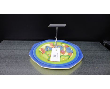 Clarice Cliff Blue Chintz pattern, octagonal sandwich plate, with chrome and grey Bakelite style handle, bearing Bizarre prin
