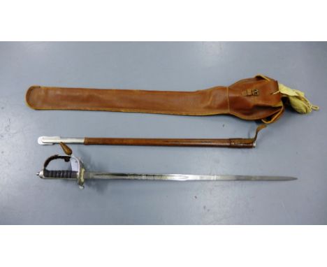 Edward VIII Officers sword, with pierced guard bearing the King's cypher and with wire bound fish skin handle, the fullered b