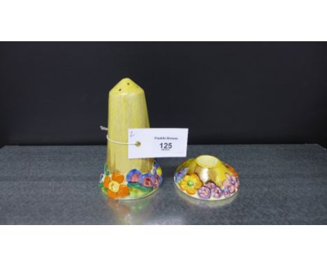 Clarice Cliff 'My Garden' floral moulded sugar castor and candlestick with printed Bizarre backstamps for Newport Pottery (2)