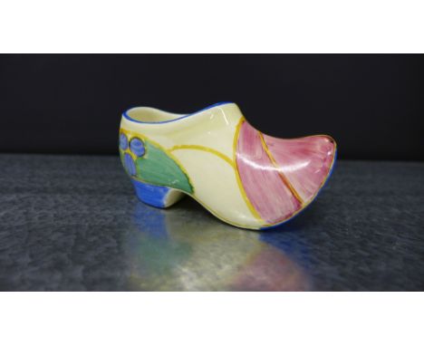 Clarice Cliff Melons pattern sabot, with honey glaze and Bizarre printed backstamps, 12cm long