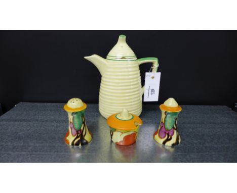 Clarice Cliff Autumn pattern three piece cruet set with Fantasque, Bizarre backstamps together with a Clarice Cliff coffee po