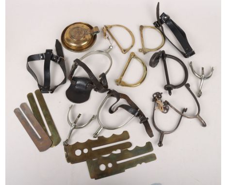 Military Spurs and Button Sticks: Three pairs of spurs in white metal, four brass button sticks, three brass  and steel kit b