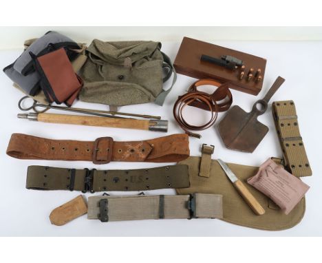 Military Equipment: A selection of mostly military equipment to include WW2 US army belt, 1941 stamped 37 pattern belt, entre