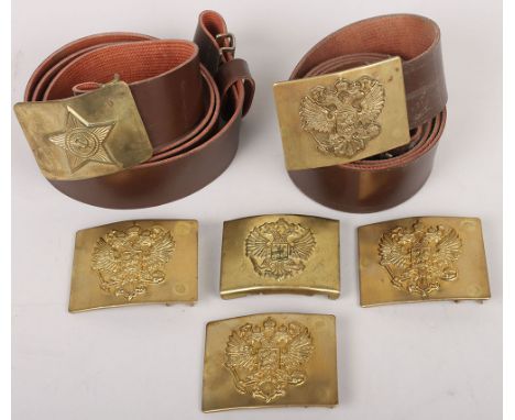 USSR / Russian Belt Buckles: Soviet  Army belt and buckle with modern Imperial Russian brass buckles, one with belt. 6 items 