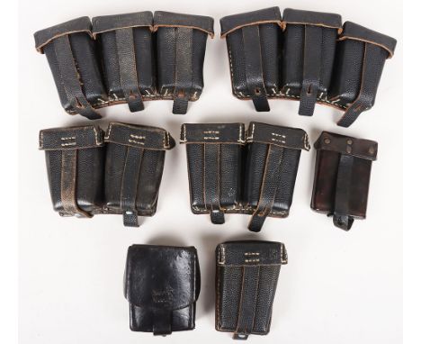 WW2 German K98 Ammunition Pouches: Mostly WW2 period black leather pouches , two near pairs , single and to other similar pou