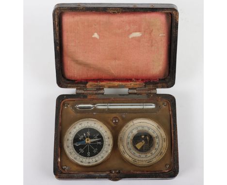 French  Boxed Compass, Barometer and Thermometer Set: Pocket box  instrument set C1900s all mounted on brass fixed into box ,