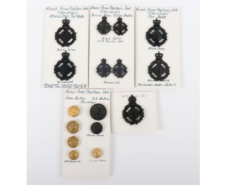 Selection of badges to the Royal Army Chaplain’s Department. Lot includes King & Queen’s crown versions cap badges in blacken