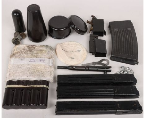 WW2 Ammunition Magazines: Sten gun magazines and loader tools, German MG13 magazine, German Bakelite fuse and ordnance contai