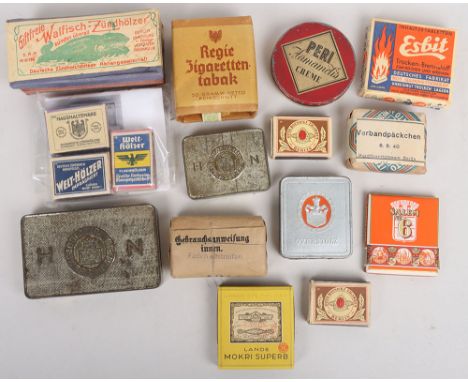 WW2 German Army Tabaco and Personal Kit: Period match boxes with contents, tabaco and cigarettes empty tins, bandages and Esb
