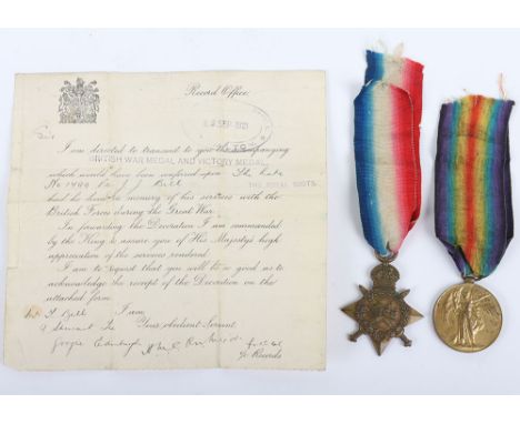 A Great War Gallipoli campaign killed in action pair of medals to the Royal Scots. 1914-15 Star Medal, “1799 PTE. J.I. BELL R