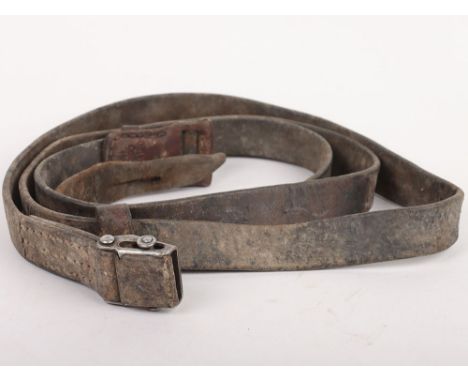 WW2 German Army  K98 Rifle Sling: Brown leather sling with steel metal work with leather tab which is maker stamped and dated