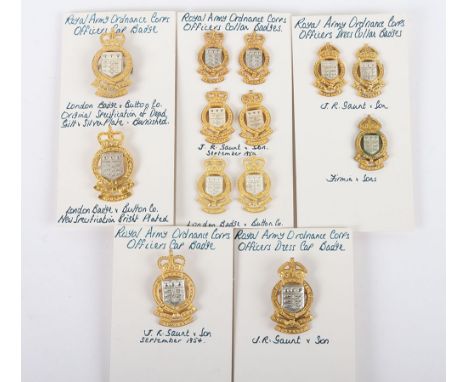 Selection of Royal Army Ordnance Corps Officers Silver & Gilt cap & collar badges. Lot includes varieties of J.R Gaunt, Firmi