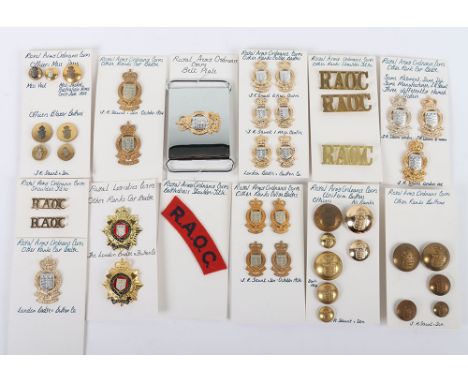Assortment of Cap, Collar, Buttons, Shoulder Title & Waist Belt Clasp to the Royal Army Ordnance Corps. Lot includes metal & 