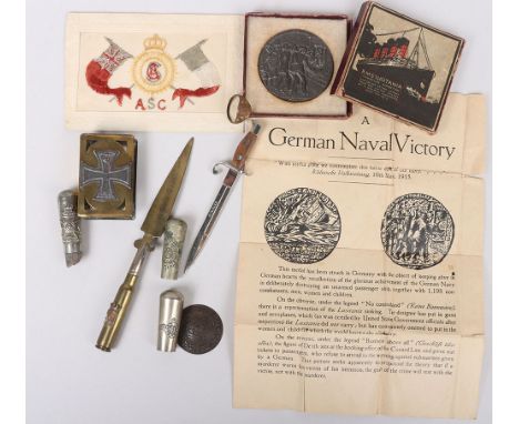 R.M.S. Lusitania Medal and Trench Art: British made medal in original box with slip, WW1 trench art match box cover and paper