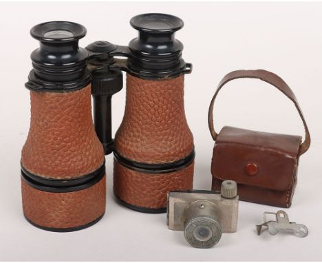 ULCA Miniature Camera: Small 5 cms wide camera with makers ULCA to front housed in leather case and pair of vintage binocular