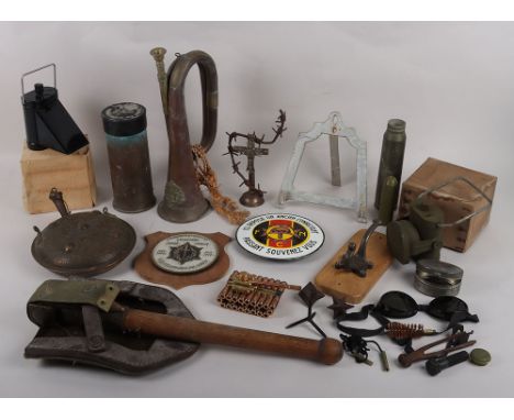 WW2 Blackout Lamps and Militaria: Two lamps in original card boxes, US spade with cover, WD coat hook , Belgium veterans sign