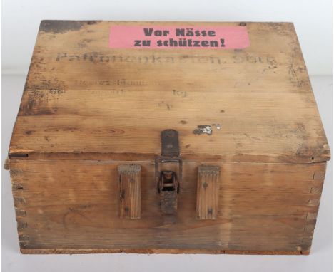 WW2 German Army P08 Lugar Ammunition Box:  Wooden crate box with paper label and details stamped to top, rope handles, stampe
