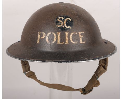 WW2 British Special Constable Police Home Front Helmet: Steel helmet with blue  paint finish with S.C. POLICE to front, compl