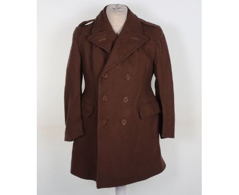 WW2 Women’s Land Army Greatcoat: Heavy brown coat with cream lining , complete with buttons and label inside size 8 with make