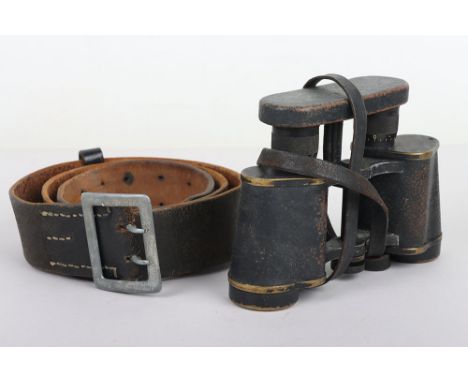 WW2 German Army Officers Belt and Binoculars: Black leather belt with metal claw buckle , 110 cms long and pair of painted br