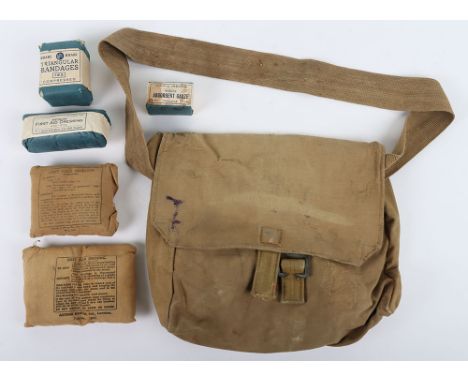 WW2 Army Medical Bag: Stamped inside with maker D&M Ltd 42 and arrow with five dressings and bandages inside. 