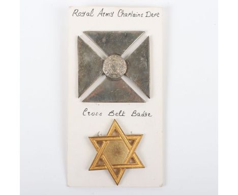 Royal Army Chaplain’s Department white metal Cross Belt badge accompanied with a Jewish Chaplains pin backed brooch.  2 items