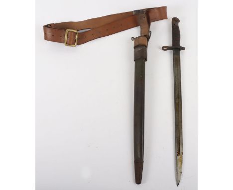 American P-1917 Remington Bayonet, with the original leather scabbard with belt attachment and brown leather belt. 