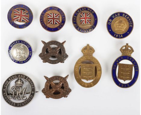 WW1 Selection of British Silver & Button Hole badges. Lot includes a Silver War Badge, Enamelled On War Service Badges, 2 x O