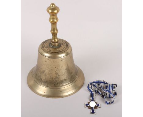 Military Bell and Third Riech Mothers Cross: Handheld brass bell with handle stamped inside with arrow and large size enamel 