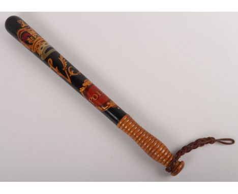 Victorian Painted Police Truncheon: Wood truncheon with turned handle and painted VR crown and POLICE. 