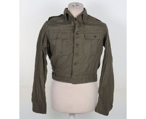 WW2 Jungle Green Battle Dress Blouse: Indian made cotton jungle green BD blouse with buttons , stampings inside, size 13. 