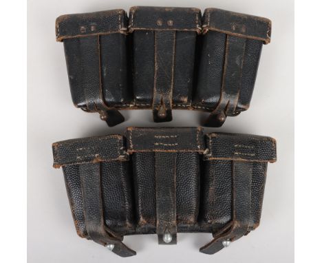 Third Reich German Army K98 Pouches: A non-matched of black leather triple ammunition pouches ,both with D ring and loops to 