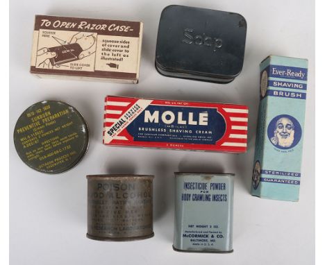 WW2 US Military Personal Gear: Mixed US personal items to include  period tins and boxes with contents except soap tin being 