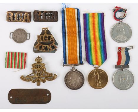 A Great War pair of medals to a recipient who served in the Kent Royal Garrison Artillery (TF). British War and Victory Medal