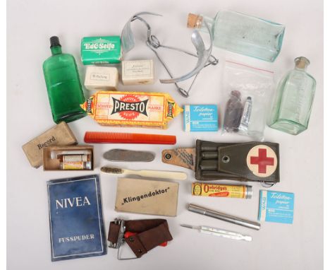 German Medical Items: A selection of WW2 and post war items to include green and clear  glass bottles , soap, Nivea, alloy br