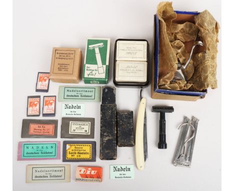 WW2 German Army Personal Kit: Mixed period items to include soap, razors, cut throat razor, hair clipper and related gear. 