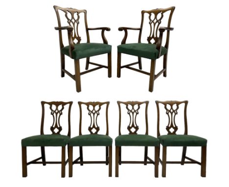 Set six (4+2) Chippendale design dining chairs, pierced and shaped splat back over green upholstered seatDimensions: Length/W