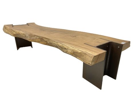 Raw edge shaped oak plank bench or side table on steel RSJ supportsDimensions: Length/Width:&nbsp;160cm&nbsp; Depth/Diameter: