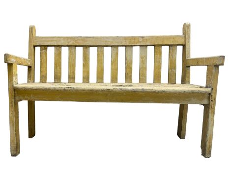 19th century painted pine garden bench, horizontal rail back over plank seatDimensions: Height:&nbsp;88cm&nbsp; Length/Width: