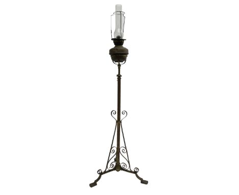 Victorian standard oil lamp, turned column with scrolled supports (H168cm); together with a small antique oil lamp (2)