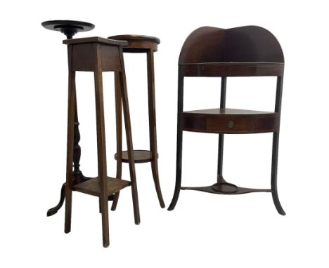 George III mahogany corner three-tier washstand, fitted with bowl rests and single drawer (W58cm D42cm H107cm); together with