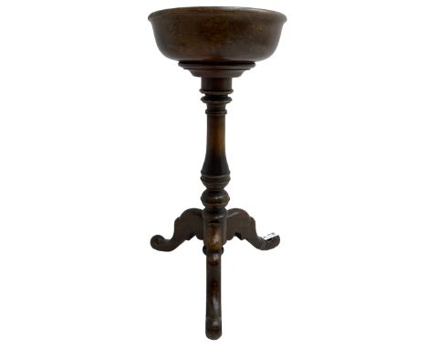 Fruitwood tripod wash basin or planter, the bowl with rolled edge on turned baluster pedestal, three splayed supportsDimensio