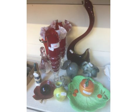 COLOURED GLASS AND SMALL POTTERY D3 CONDITION:   CHIPS AND CRAZING TO CARLTONWARE GREEN, LEAF IS ALSO CARLTONWARE, GOEBEL POT
