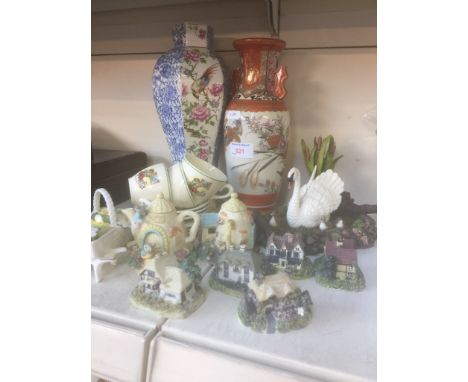 JAPANESE VASE, SMALL COTTAGES, LITTLE JACK HORNER CUPS AND SAUCERS ETC.    J4