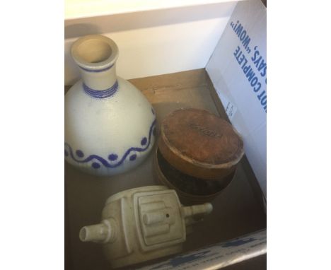 BOX WITH STONEWARE VASE, TEAPOT AND CASE OF BUTTONS     D1