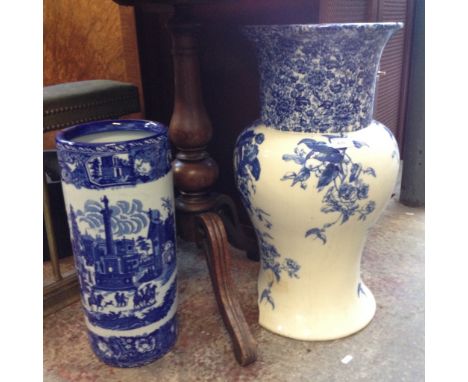 BLUE AND WHITE LARGE VASE - BROKEN AND A STICK STAND