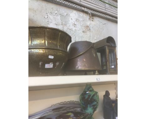 BRASS LANTERN AND TWO BRASS AND COPPER VESSELS     K5