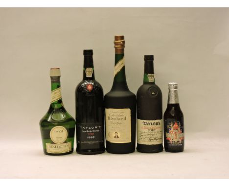 Assorted to include: D.O.M. Benedictine Liqueur, one bottle (label on neck of bottle, Aux Gourmets); Grande Fine Calvados, Bo